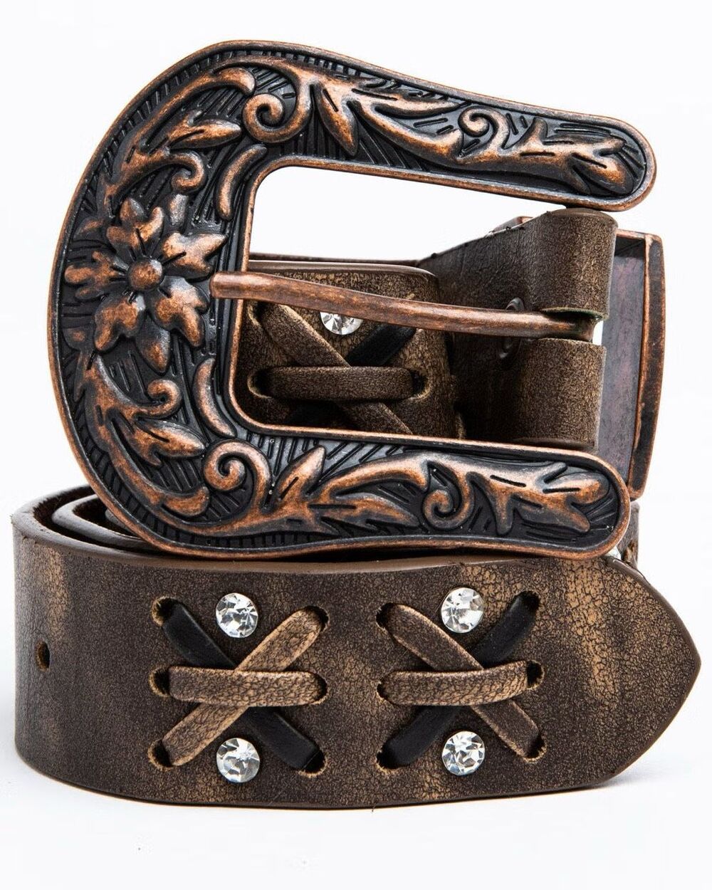 Nomad Western Leather Criss Cross Studded Belt Floral Buckle Brown Medium NEW